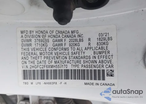 2021 Honda Civic Lx z USA, uszkodzony, nr VIN 2HGFC2F6XMH553170